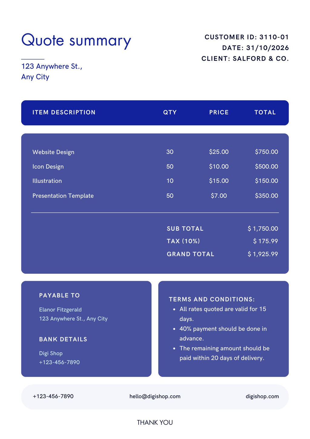 Quote summary document with itemized charges and contact information on a white background