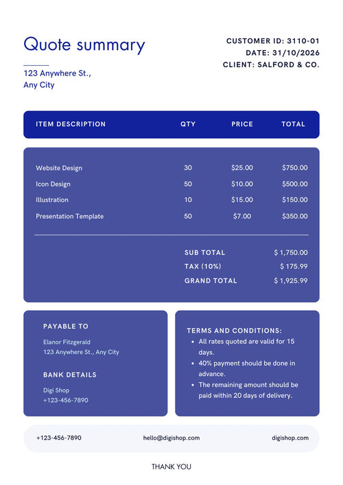 Quote summary document with itemized charges and contact information on a white background
