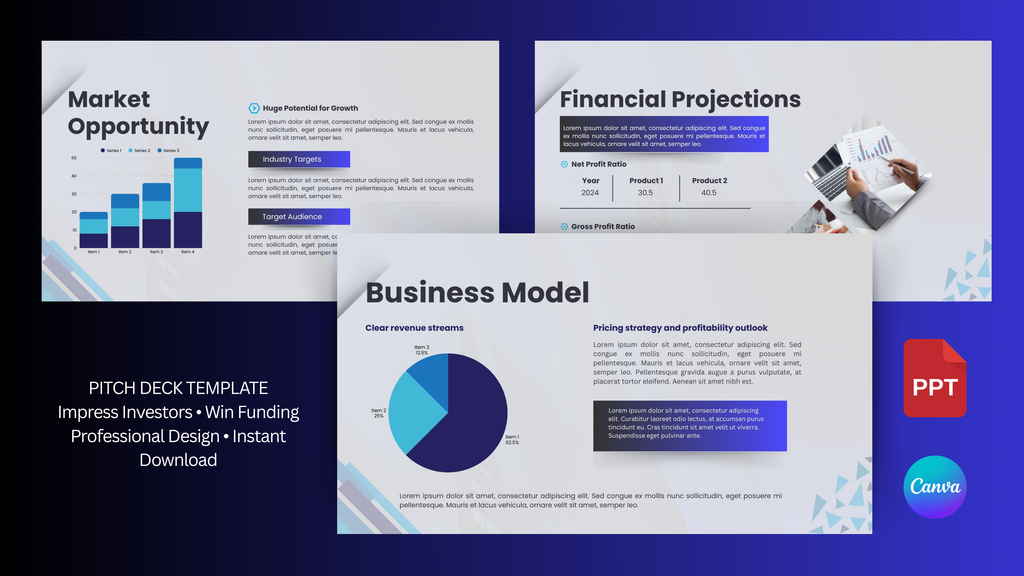 Pitch deck template with market opportunity, financial projections, and business model slides on a blue background.