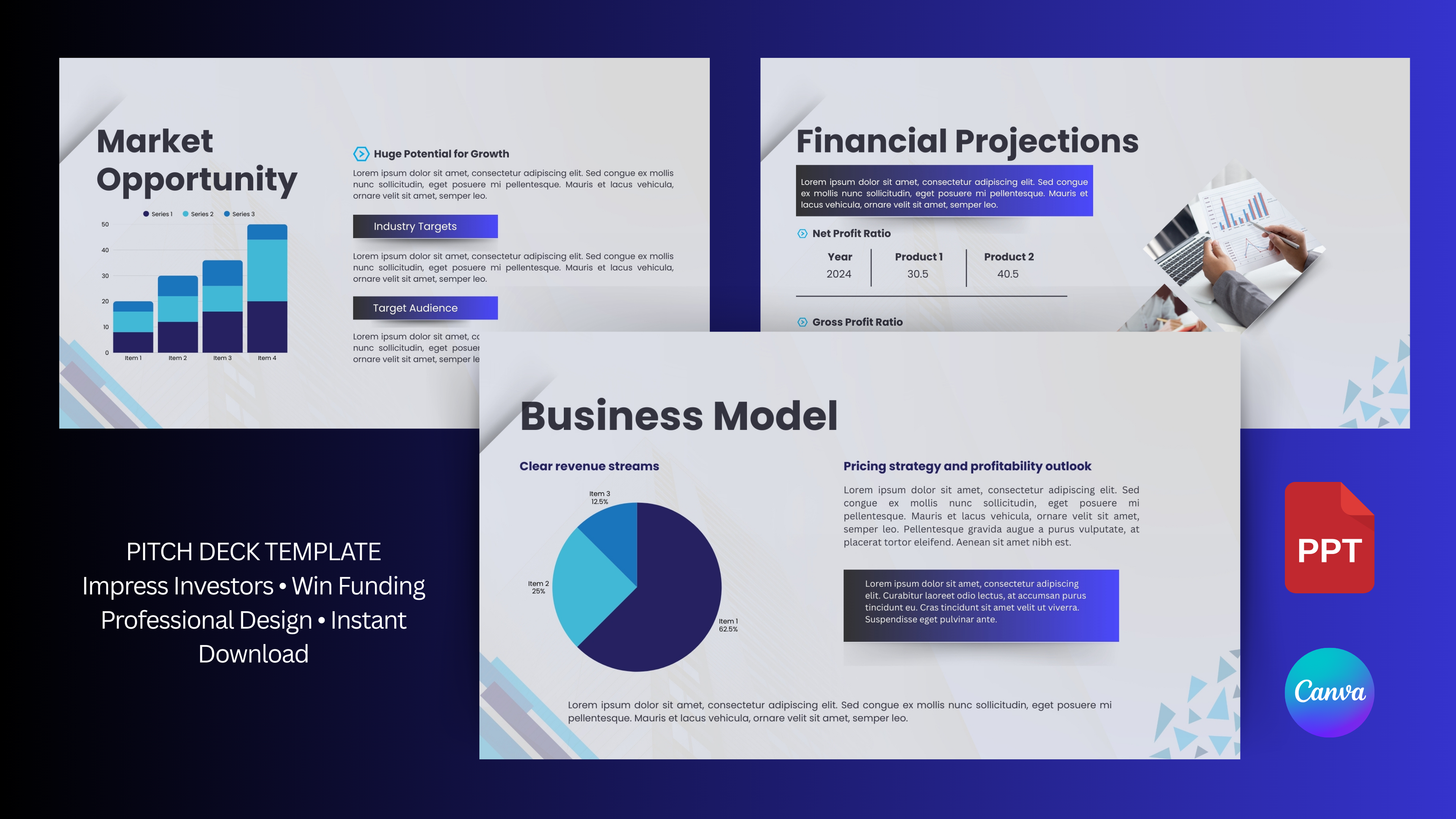 Pitch deck template with market opportunity, financial projections, and business model slides on a blue background.