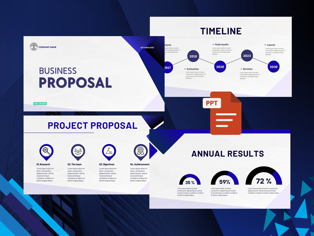 Collection of business proposal templates with charts and text on a blue geometric background