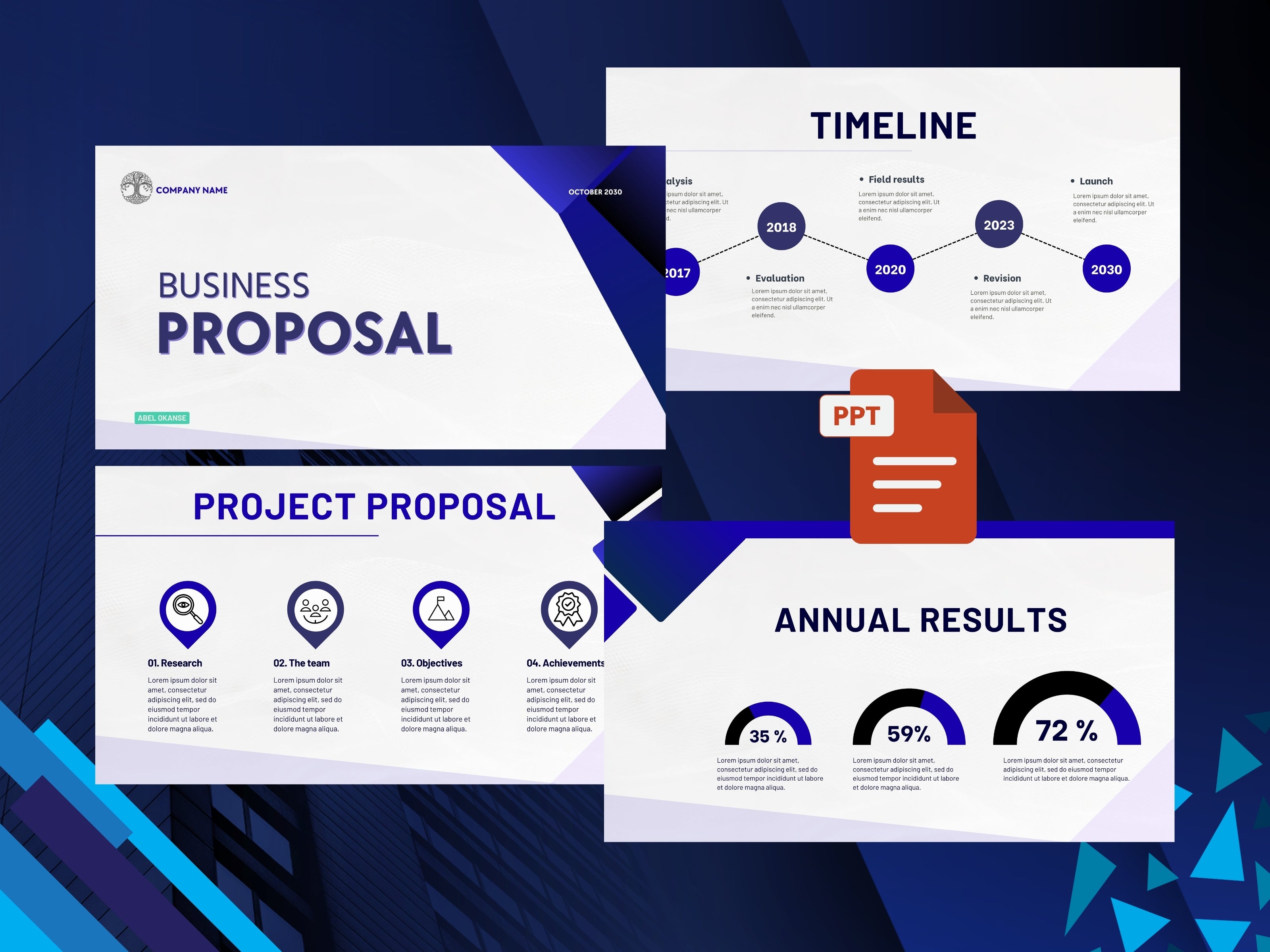 Collection of business proposal templates with charts and text on a blue geometric background
